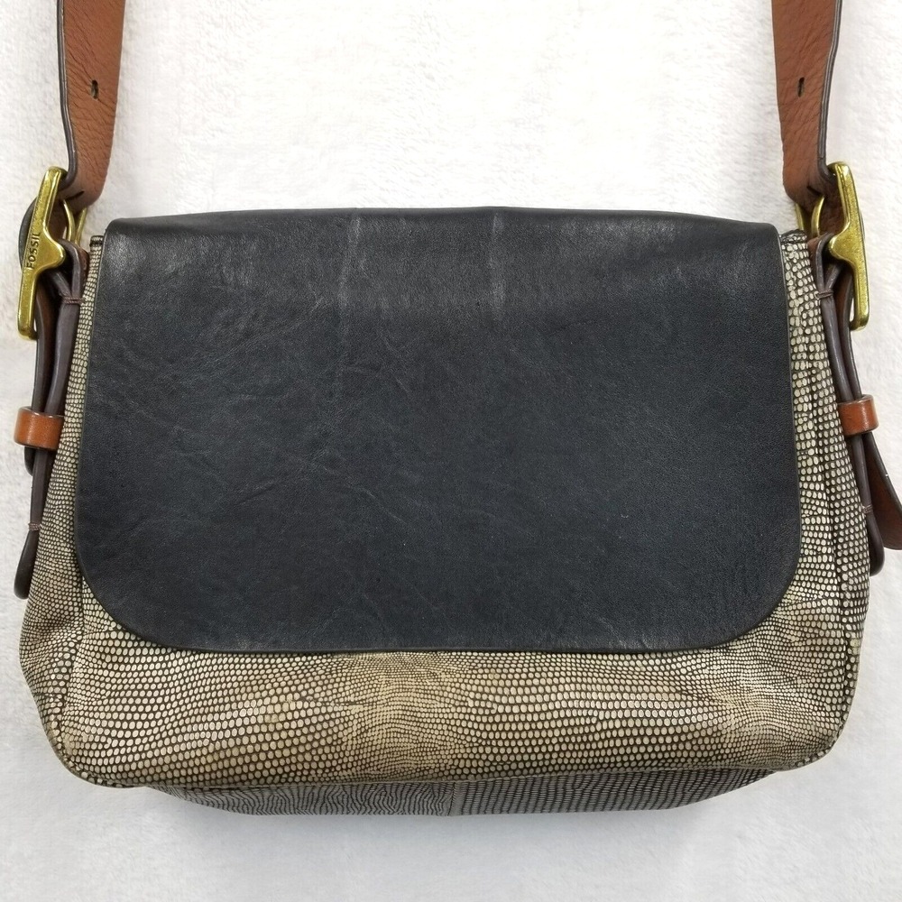 Fossil Crossbody Black Brown Leather Snake Print Harper Bag Purse Classic